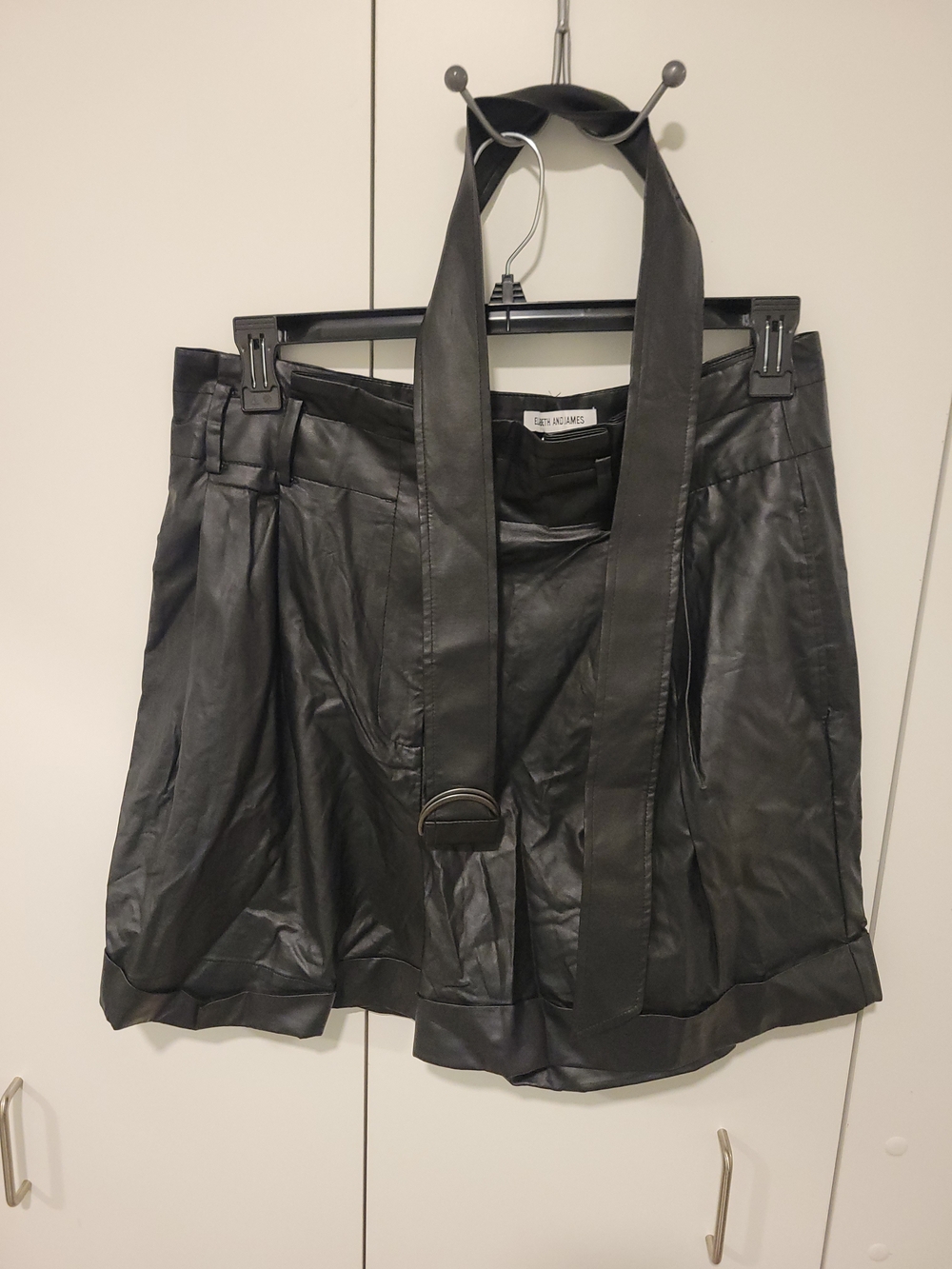 IRO Black Faux Leather Pleated Mini Skirt with Waist Tie
